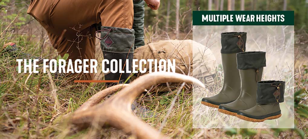 'The Forager Collection' Hunter/gatherer kneeling in the forest over their backpack next to a deer antler, wearing their Muck Forager boots