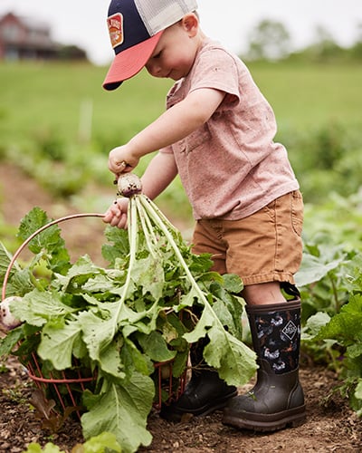 Young child holding a root vegetable upside down in front of a farm field