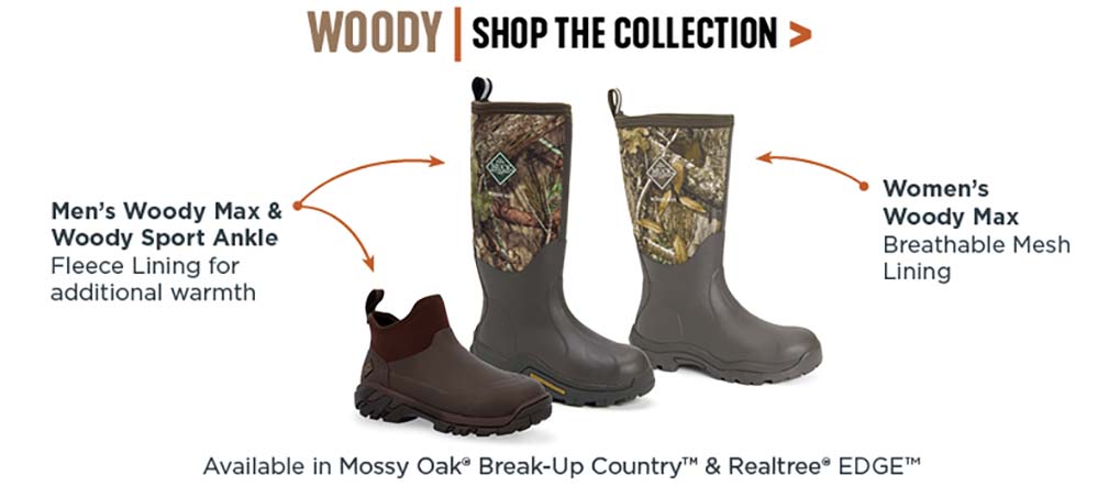 'Woody: Men's Woody Max and Woody Sport Ankle has fleece lining for additional warmth. Wome's Woody MAx has breathable Mesh Lining. Available in Mossy Oak Break-Up Country and Realtree Edge.'