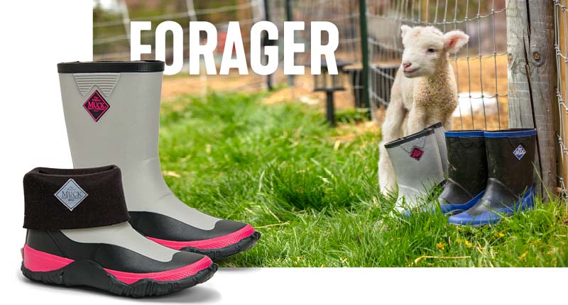 Kid's Forager boots next to a field scape with baby goats