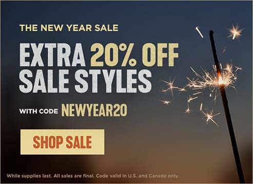 The New Year Sale. Take and extra 20% off sale styles with code: NEWYEAR20. Shop sale while supplies last. All sales are final, code only valid in US and Canada.