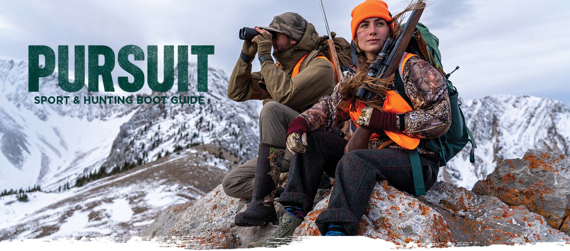 'Pursuit: Sport and hunting boot guide' Two hunters sitting cliffside looking for any signs of wildlife
