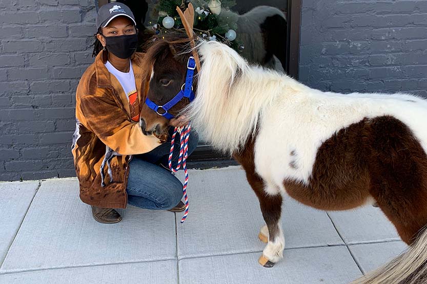 Caitlyn Next to a mini pony with reindeer antlers on.