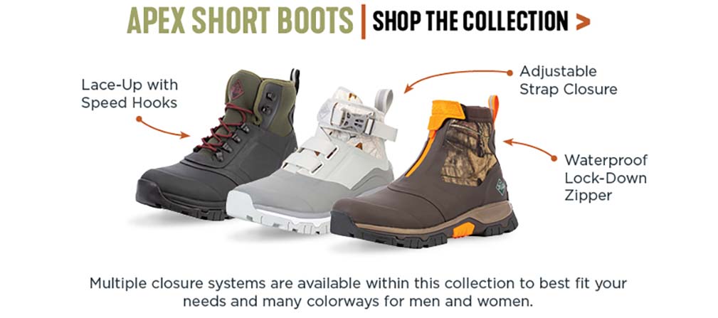 'Apex Short Boots: Lace-up with speed hooks, adjustable strap closure, and waterproof lock-down zipper. Multiple closure systems are available within this collection to best fit your needs and many colorways for men and women.'