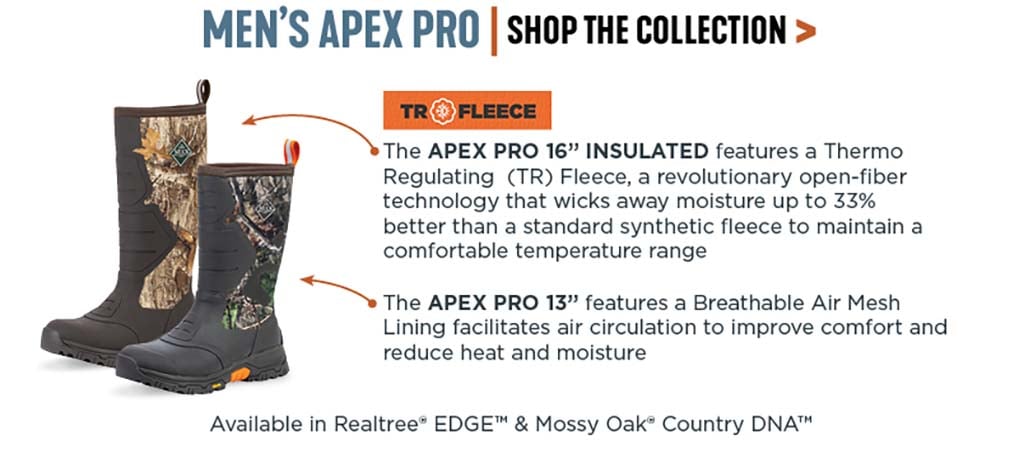 ''Men's Apex Pro: The Apex Pro 16 inch Insulated features a Thermo Regulating (TR) Fleece, a revolutionary open-fiber technology that wicks away moisture up to 33% better than a standard sythetic fleece to maintain a comfortable temperature range. The Apex Pro 13 inch features a Breathable Air Mesh Lining facilitates air circulation to improve comfort and reduce heat and moisture. Available in Realtree EDGE and Mossy Oak Country DNA.'